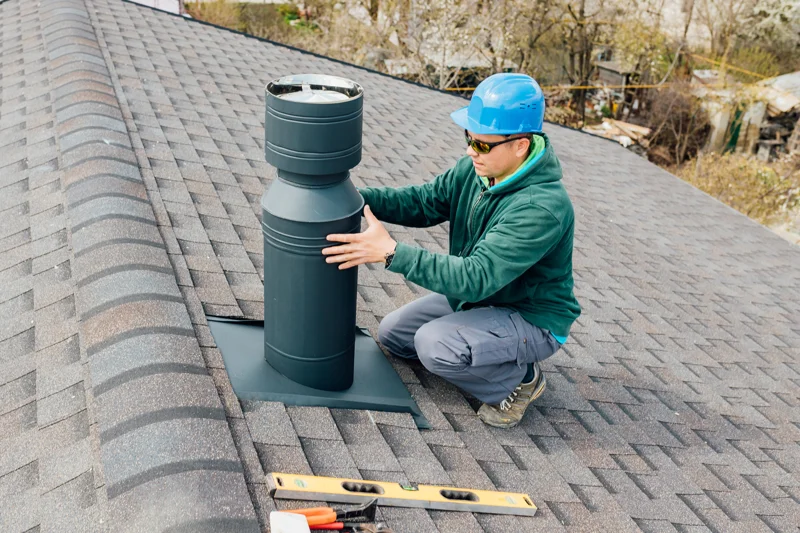 Technician installing black chimney liner pipe on shingled roof for chimney liner replacement service