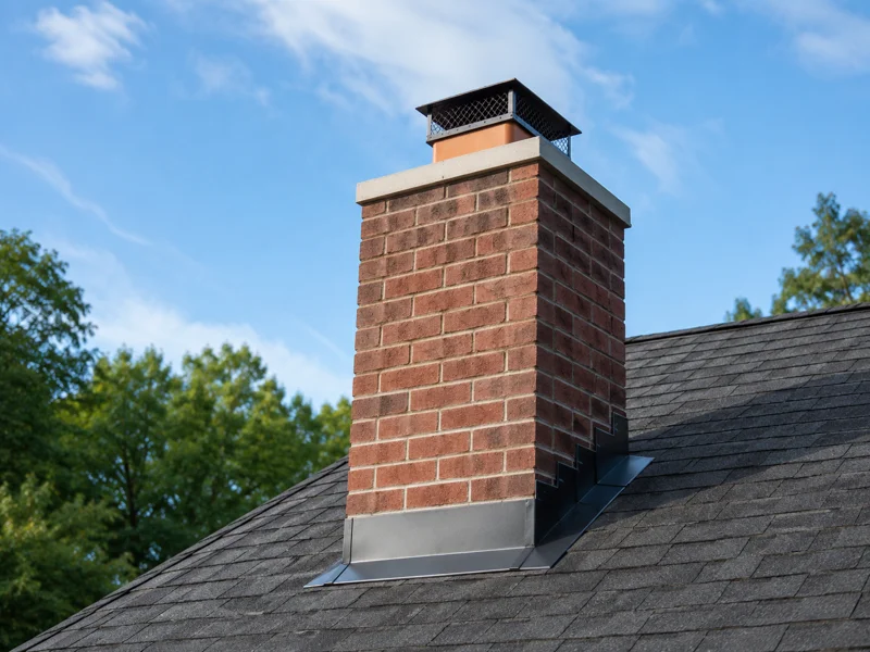 Red brick chimney with metal cap on asphalt shingle roof for chimney repair