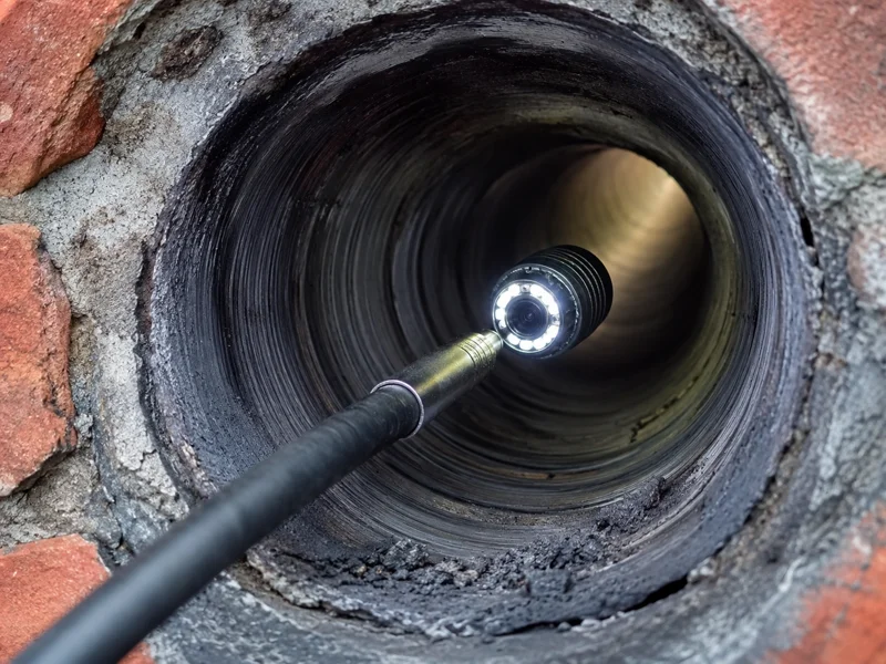 Interior of chimney flue with inspection camera inserted for chimney inspection