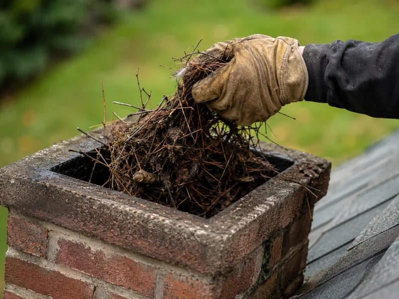 Gloved hand removing twigs and debris from brick chimney flue during Chimney blockage removal