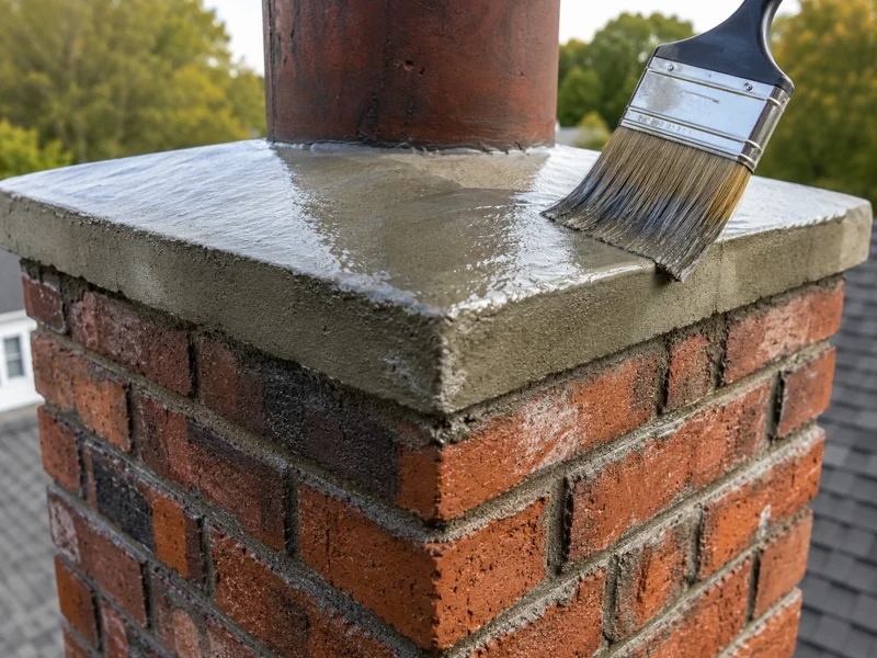Chimney crown repair with fresh mortar applied by brush