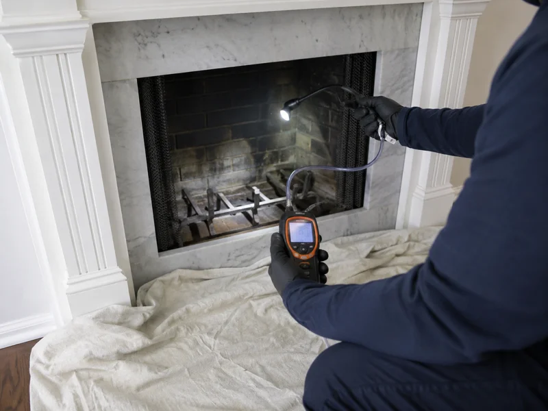 Technician performing Chimney inspection inside marble fireplace using inspection camera