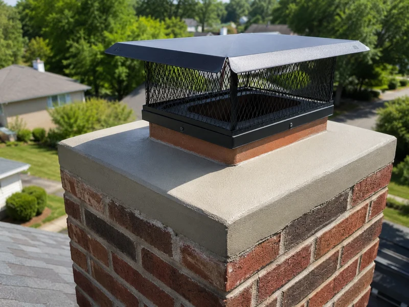 Rebuilt chimney crown with custom stainless steel chimney cap and mesh screen, Crown repair