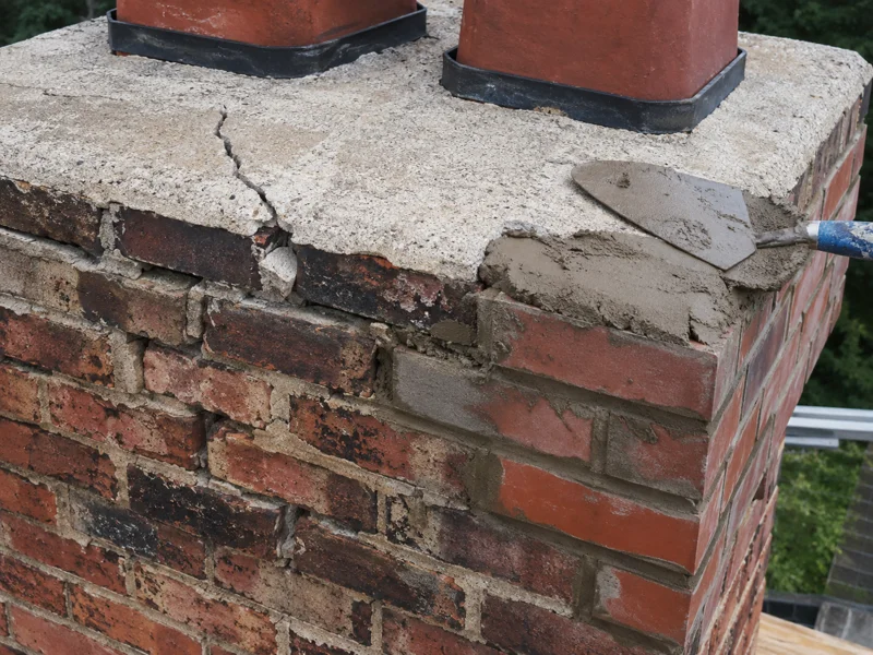 Brick chimney crown with fresh mortar being applied during crown repair