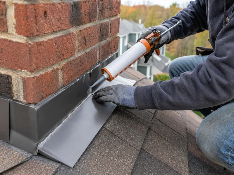 Technician applying sealant around brick chimney flashing on roof for chimney waterproofing