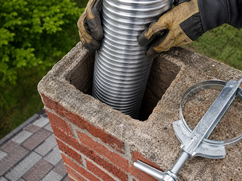 Technician installing stainless steel chimney liner inside brick chimney flue for Chimney liner replacement