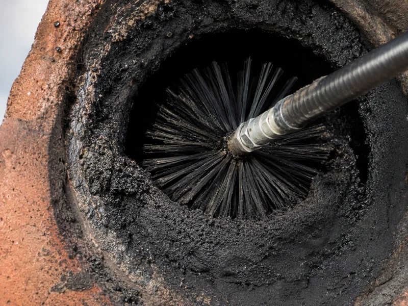 Creosote removal rotating wire brush cleaning thick black soot from chimney flue interior