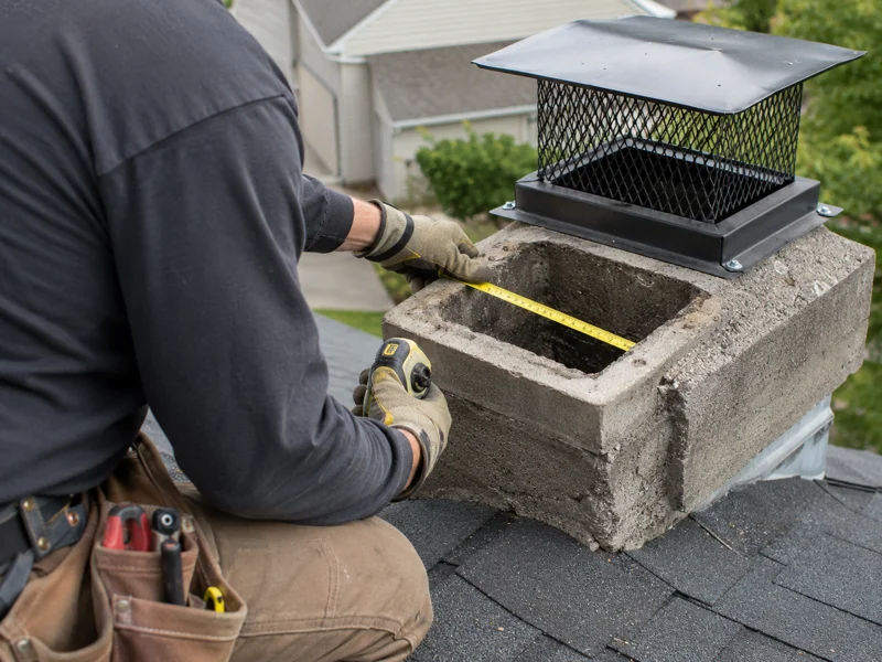 Technician measuring rectangular chimney flue with tape measure before installing custom chimney cap