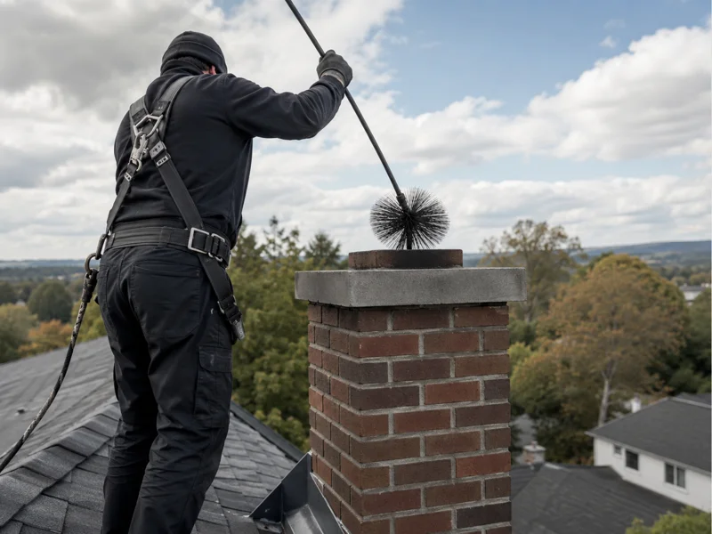 Technician performing chimney sweep on brick chimney using rotary brush atop roof