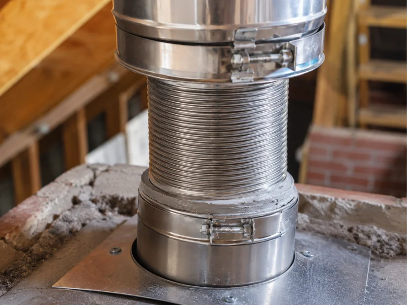 Stainless steel chimney liners being installed inside a brick chimney opening with mounting plate