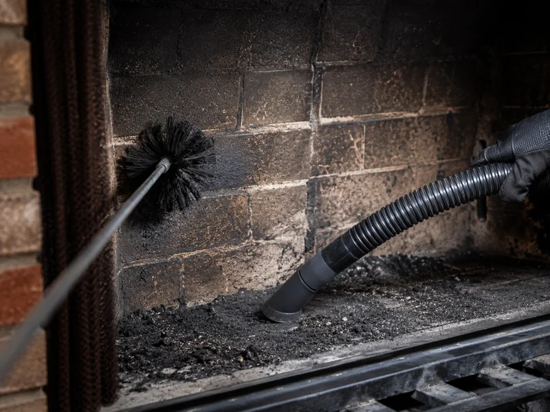 Technician performing fireplace cleaning inside brick fireplace using brush and vacuum nozzle