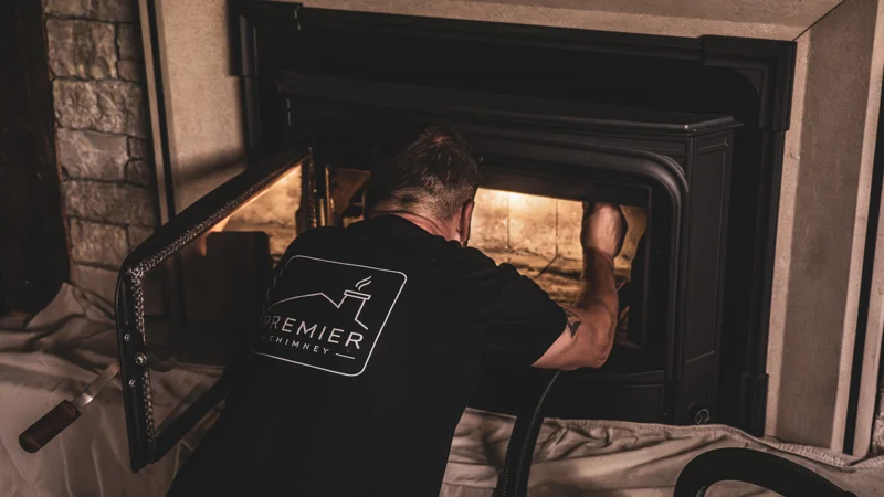 Technician cleaning fireplace interior with vacuum hose during Fireplace cleaning service
