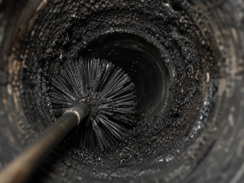 Round wire brush inside chimney flue scraping creosote buildup for Creosote removal service