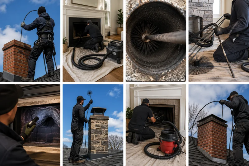 Technician performing chimney sweep on brick chimney from roof using rotary brush and vacuum for chimney cleaning