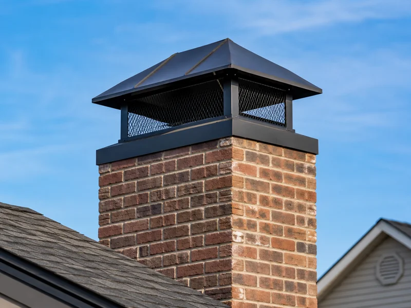 Brick chimney fitted with custom chimney caps on a shingled roof under clear blue sky