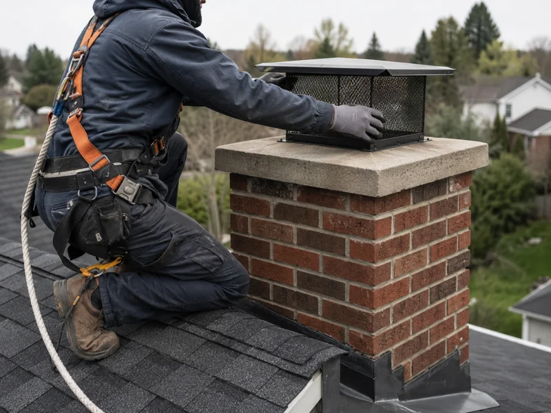 Technician on roof installing chimney caps on brick chimney
