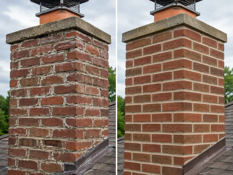 Side-by-side brick chimney before and after masonry repair with clean, restored mortar joints