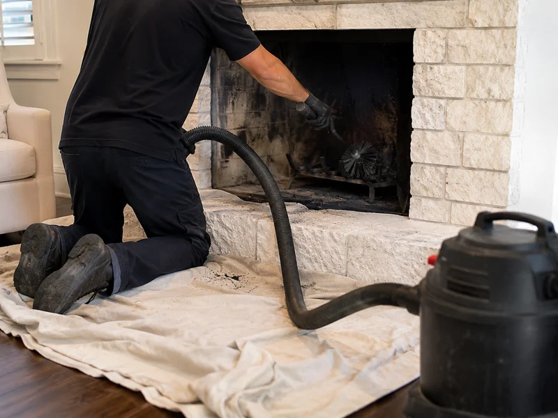 Technician kneeling by stone fireplace using vacuum and brush to perform fireplace cleaning