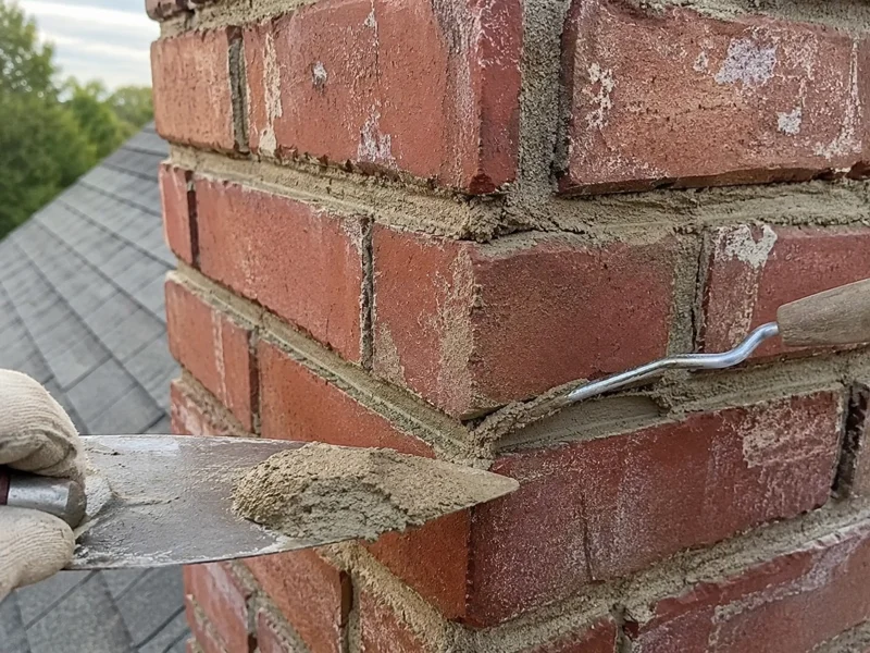 Applying fresh mortar to brick chimney joints during Chimney tuckpointing