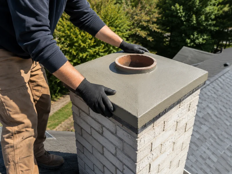 Technician smoothing new concrete chimney crown on brick chimney roof for Crown repair