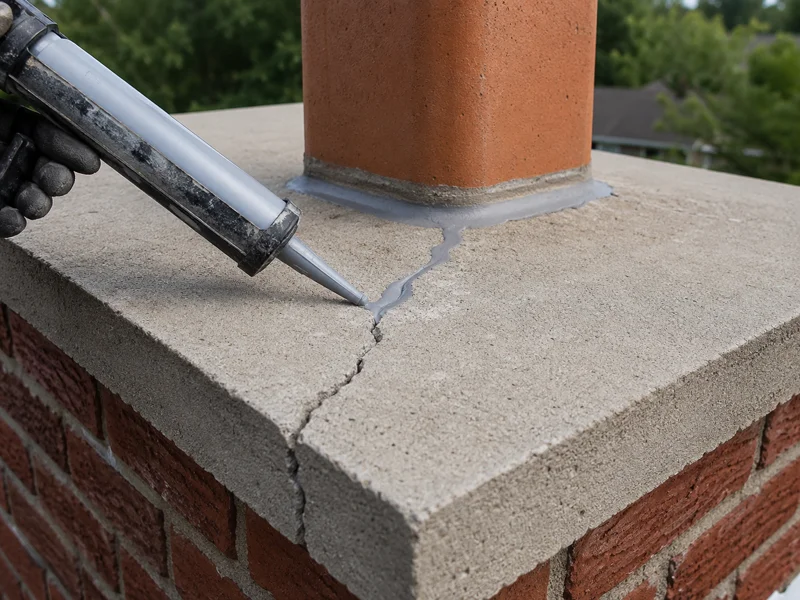 Applying sealant to repair cracked chimney crown on a brick chimney cap Crown repair