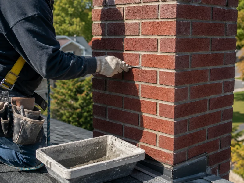 Technician performing masonry repair on a red brick chimney on a roof