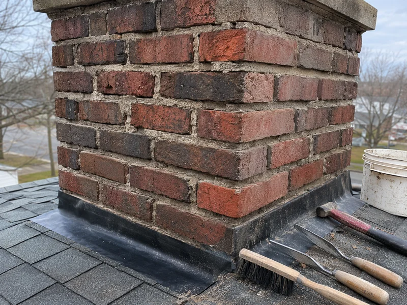 Brick chimney on roof with masonry tools and flashing work during Chimney tuckpointing
