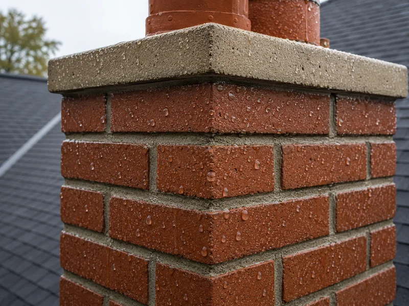 Wet brick chimney corner with mortar and raindrops, illustrating chimney waterproofing