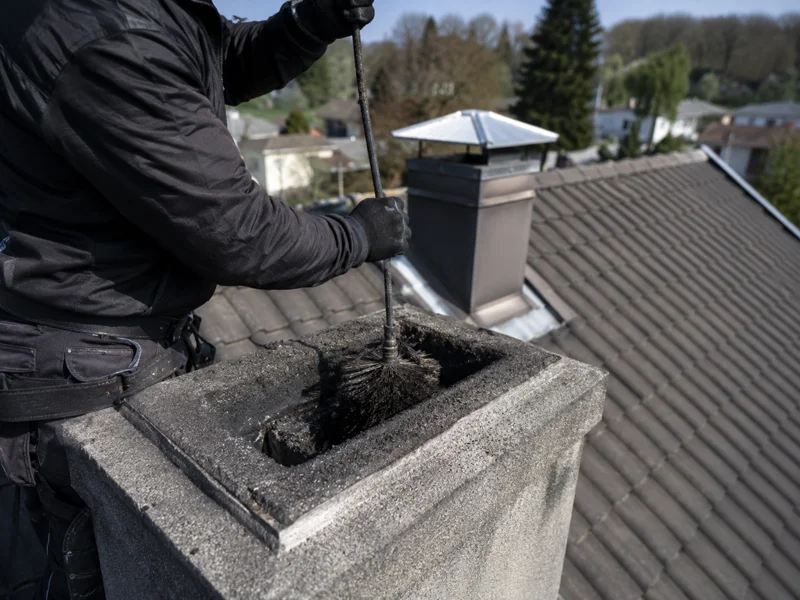 Technician performing chimney sweep on rooftop with brush removing soot
