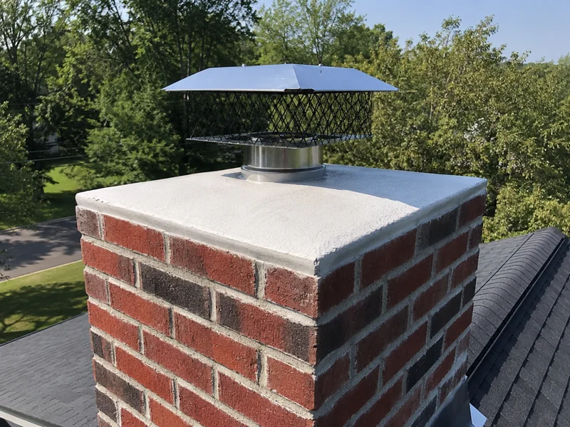 Brick chimney with new metal Chimney caps atop fresh mortar crown and leafy background