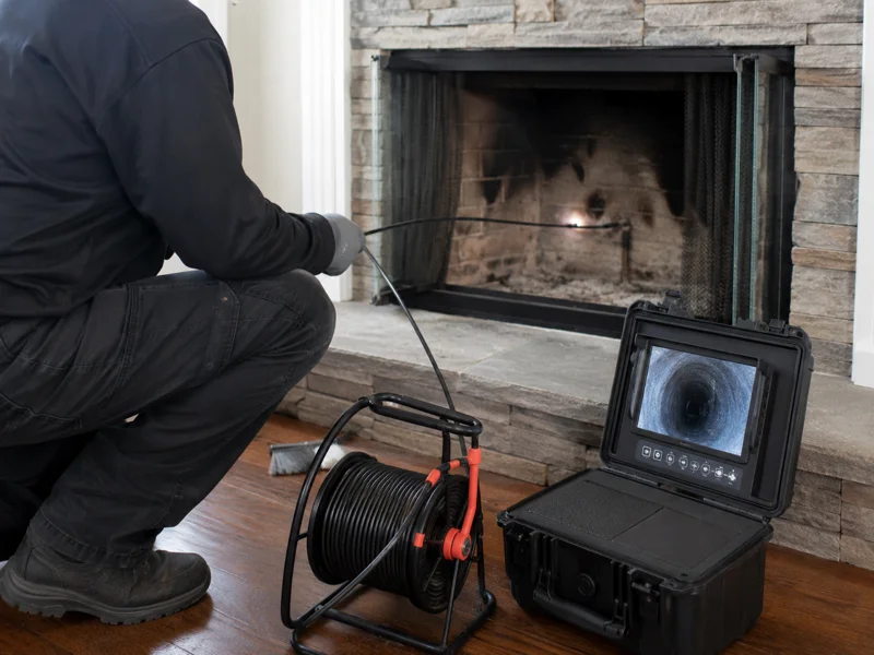 Technician performing chimney inspection with video camera and cable at stone fireplace interior