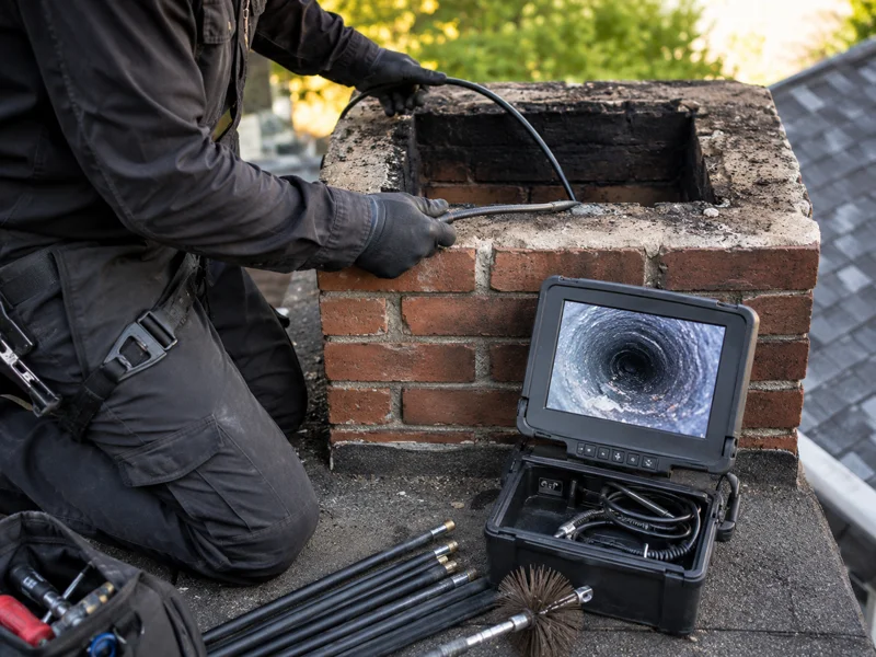 Technician performing chimney inspection with camera rod and monitor on rooftop brick chimney