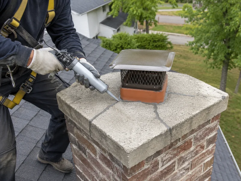 Rooftop technician sealing chimney crown cracks during crown repair on brick chimney