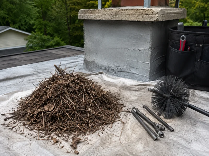 Chimney bird nest removal with pile of twigs and chimney sweep brush tools on tarp