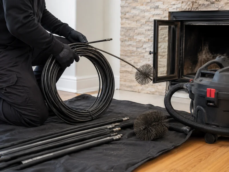 Technician kneeling by fireplace holding coil of rods and brush for Chimney sweep