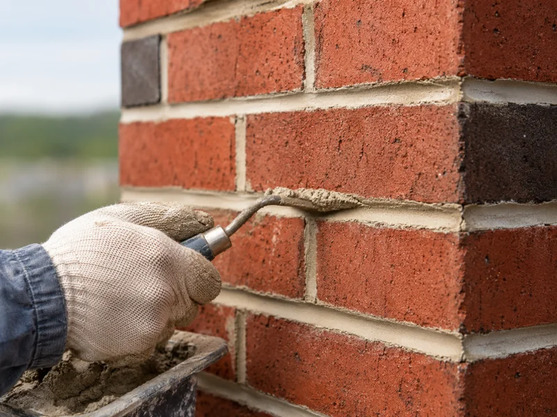 Detailed view of worker applying mortar between chimney bricks during chimney tuckpointing