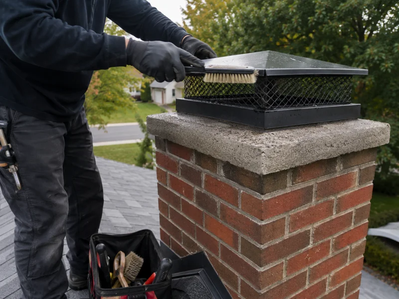 Technician brushing debris off metal chimney cap on brick chimney during chimney cleaning