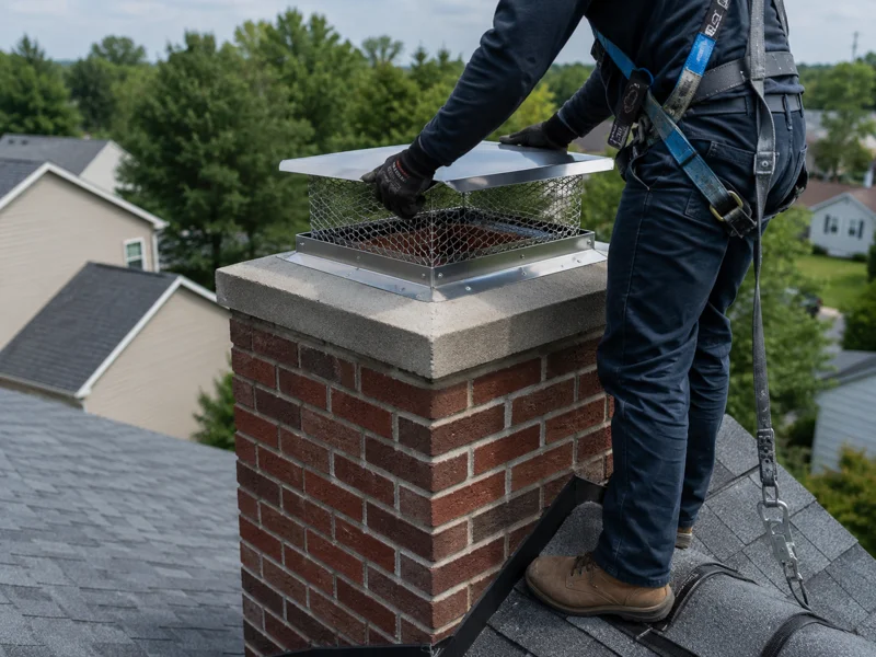 Technician on roof installing stainless steel chimney cap on brick chimney – Chimney caps