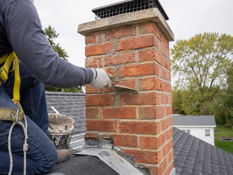 Worker applying mortar to brick chimney on roof during chimney tuckpointing service