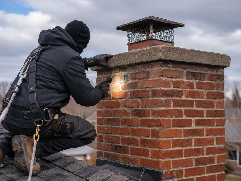 Worker performing masonry repair on brick chimney from rooftop in safety harness