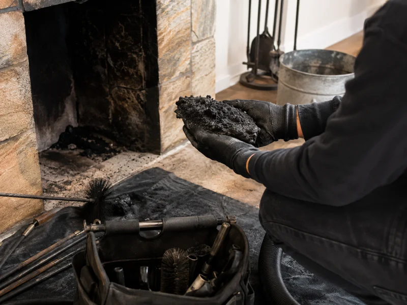 Technician removing soot and debris from a stone fireplace during chimney sweep with professional brushes and vacuum