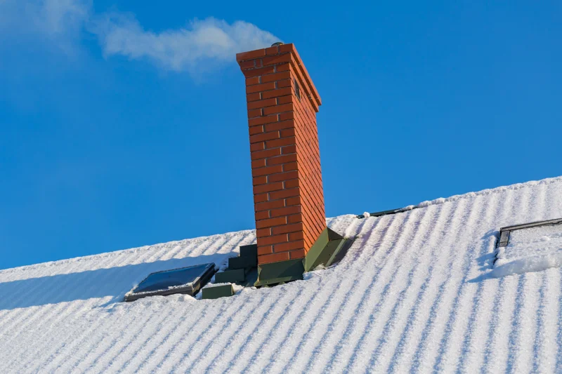 Brick chimney on snow-covered metal roof under blue sky illustrating chimney inspection service
