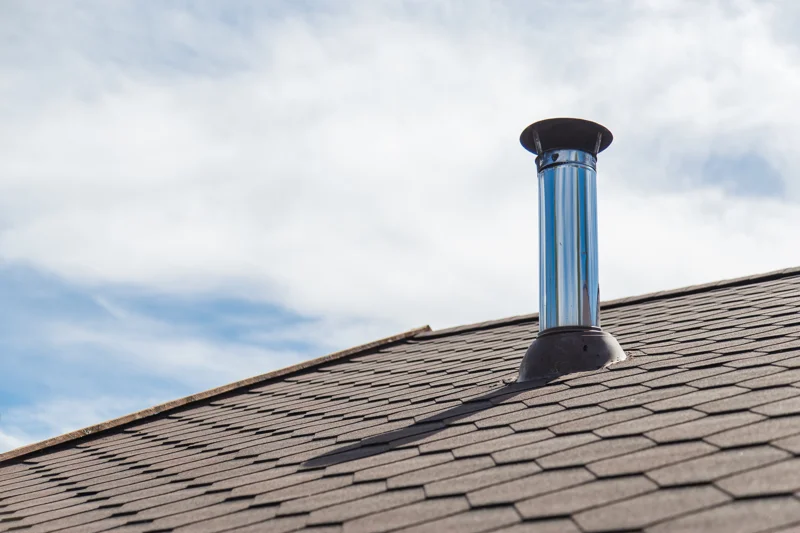 Stainless steel chimney liners protruding through a sealed roof flashing on asphalt shingles