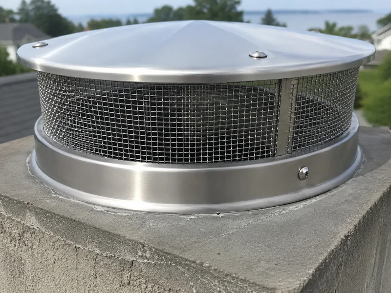 Stainless steel chimney cap with protective mesh animal screen on masonry chimney for Chimney caps