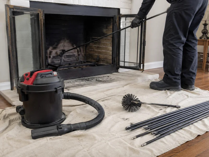 Technician performing chimney sweep by cleaning fireplace interior with rods, brush and vacuum