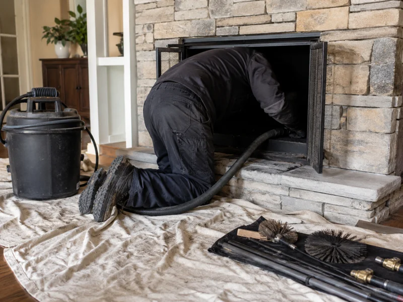 A technician kneels on a drop cloth vacuuming soot and debris from a stone fireplace interior, fireplace cleaning