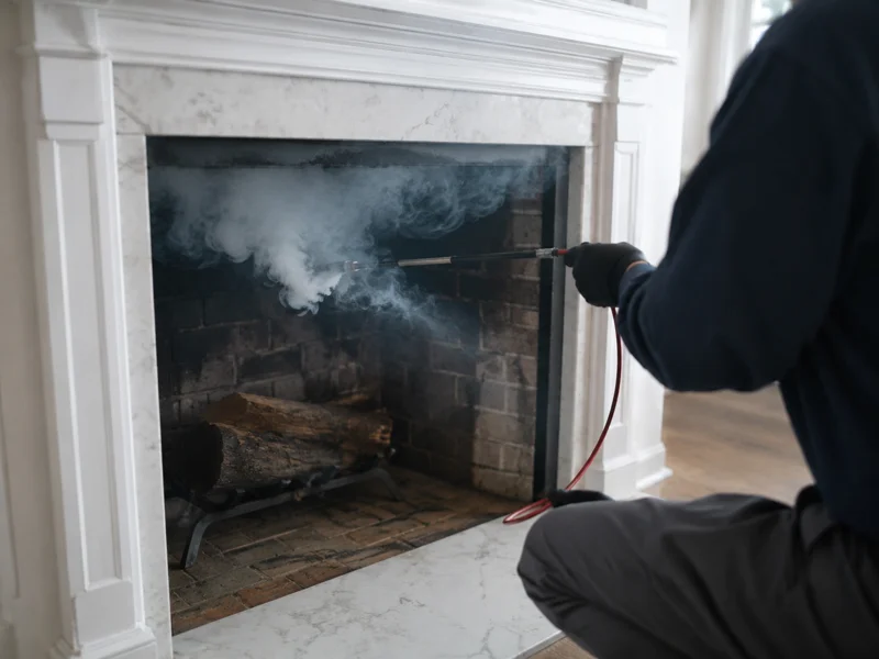 Technician performing a smoke draft test inside a brick fireplace for Smoke draft problems