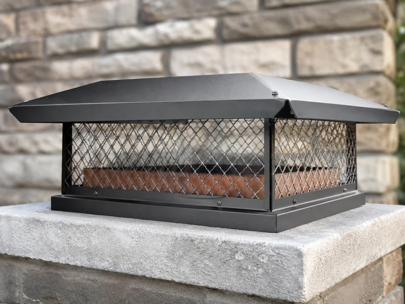 Black metal chimney cap with mesh spark arrestor installed on a stone chimney crown for Chimney caps