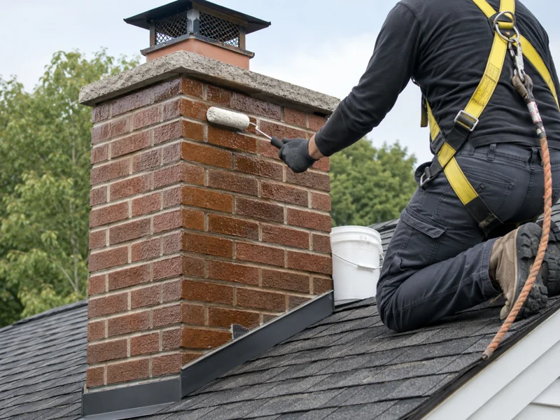 Worker on roof applying sealant to brick chimney with roller – Chimney waterproofing