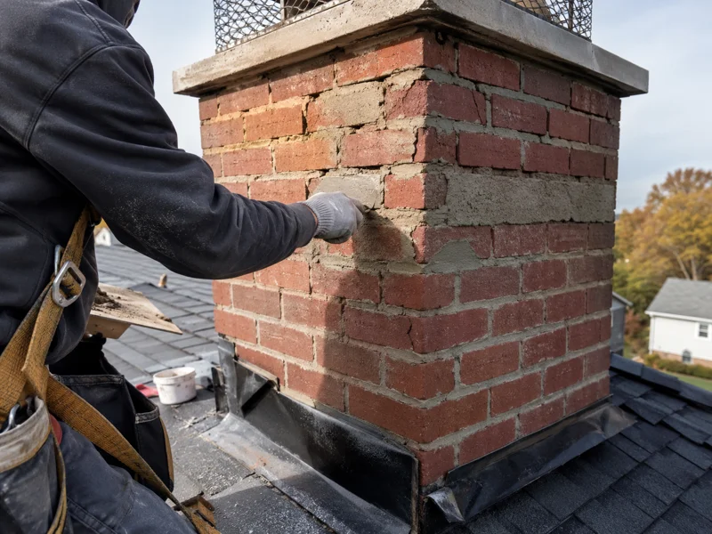 Worker performing chimney tuckpointing by applying fresh mortar to brick chimney